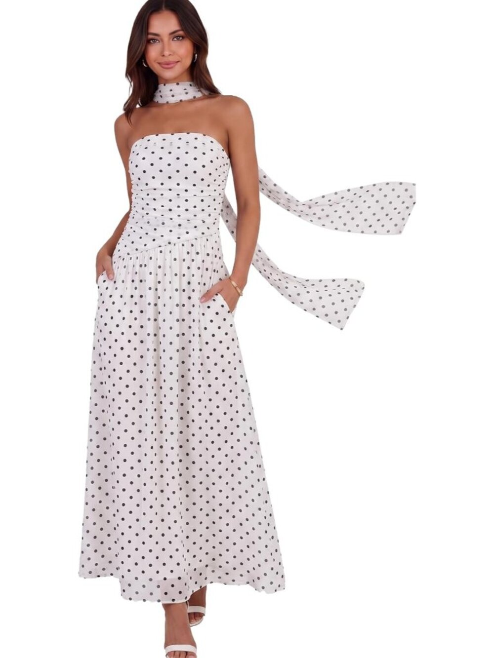 Women's White Polka Dot Strapless Elastic Waist Side Pocket Wedding Maxi Dress